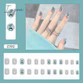 24Pcs/Box Gradient Nail Art Patches False Nails Short Square Blue Starry Glitter Teardrop Diamond
