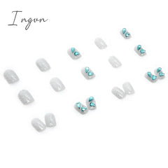 24Pcs/Box Gradient Nail Art Patches False Nails Short Square Blue Starry Glitter Teardrop Diamond