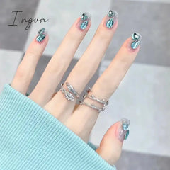 24pcs/Box Gradient Nail Art Patches False Nails Short Square Nail Blue Starry Glitter Teardrop Diamond Fake Nail Tips