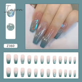 24Pcs/Box Press On False Nails Blue Camellia Nail Art Wearable Fake Long Ballerina With Wearing
