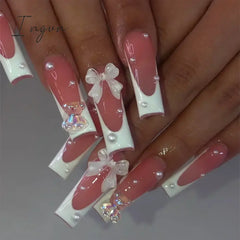 24Pcs French Rhinstones Artifical Nails With Glue Full Cover False Detachable Coffin Fake Nail