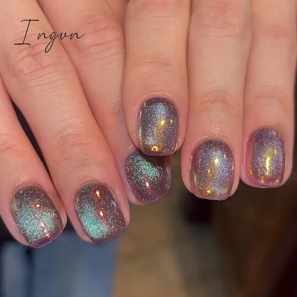 24Pcs Luxurious Glossy Oval Purple Glitter Nails Press-On False Set Cat Eye Stick On With Sky