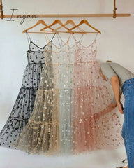 Ingvn - Elegant Spaghetti Straps Tulle Long Women Dress Fashion Bling Bling See Through Dress Sexy Fashion Hot Selling Beachwear