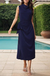 Ingvn- Celebrities Elegant Solid Bandage Slit Scarf Collar Sleeveless Dress Dresses