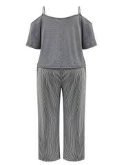 Plus Size Casual Outfits Two Piece Set, Women's Plus Stripe Print Cold Shoulder Top & Wide Leg Pants With Pockets Outfits 2 Piece Set