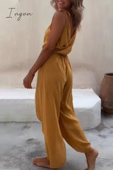 Ingvn - Sexy Simplicity Solid Asymmetrical V Neck Loose Jumpsuits