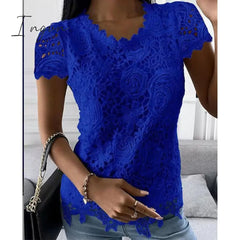 Ingvn - Women's Shirt Blouse Black White Pink Plain Lace Short Sleeve Casual Basic Round Neck