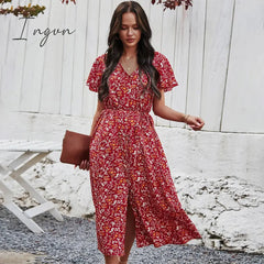 Ingvn - New Ladies Vintage Maxi Floral Print Summer Dress Women Slim Casual High Waist Button Bohemian Women Beach Dress Vestidos Female