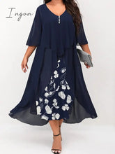 Ingvn - Women's Plus Size Curve Work Dress Floral V Neck Ruched 3/4 Length Sleeve Spring Summer Work Elegant Midi Dress Layered Formal Vacation Dress