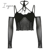 Ingvn - Hot Sell Slash Neck Sexy Black Mesh T-Shirts Women Lace Patchwork Rave Goth Clubwear Backless Halter Tie Up Spaghetti Strap Tops