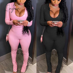Ingvn - Autumn Pink PU Leather Skinny Top and Flare Pants Hight Wasit Legging Two Piece Set Street Party Clubwear Sexy Bodycon Outfits
