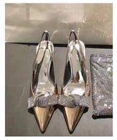 High Heels Silver Rhinestone Pointed Toe Women's Pumps Shoes Back Strap 6cm Heels Women's Rhinestone Bow Baotou Heels Women