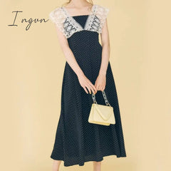 Ingvn - Hot Sales Lace Ruffle Long Dress Patchwork Elegant Vintage High Waist Sleeveless Lace Dot Dresses Woman Summer Sweet Dress New