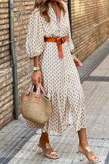 Ingvn - Elegant Floral With Belt V Neck A Line Dresses