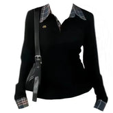 Polo Neck Plaid Patchwork Embroidery T Shirts Spring Autumn Fake Two-piece Slim High Street Tops Fashion Casual Women Clothing