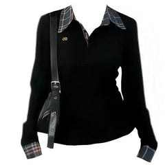 Polo Neck Plaid Patchwork Embroidery T Shirts Spring Autumn Fake Two-piece Slim High Street Tops Fashion Casual Women Clothing