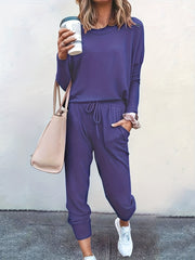 Chic Womens Two-piece Set - Comfy Long Sleeve Tee & Drawstring Jogger Pants - Versatile Solid Outfit for Casual Days