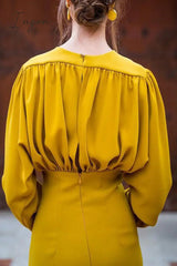 Ingvn - Elegant Solid Fold V Neck One Step Skirt Dresses