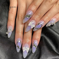 24Pcs Purple Y2K Press on Nails Star Diamond Designs Full Cover Fake Nails Long Coffin Acrylic False Nails for Women 2023 New