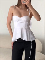 White Smocked Strappy Camisole Women's Sexy Sleeveless Ruffle Slim Bra Solid Color Streetwear Y2k Women's Tops Camisole