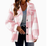 Autumn and Winter Open Button Lapel Plush Plaid Coat Plaid Pattern Button Front Jacket Warm