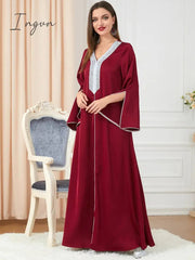 Ingvn - Party Dress Muslim Women Abaya Prayer Caftan V Neck Diamond Maxi Dresses Robe India Abayas Dubai Longue Vestidos Largos