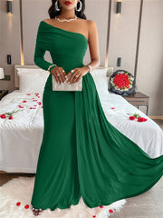 Elegant Oblique-Shoulder Long Sleeve Formal Wedding Guest Dress Maxi Dress
