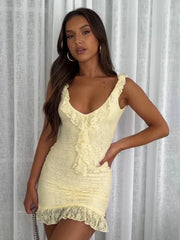 Lace Sleeveless Ruffle Sexy Mini Dress For Women Robe Elegant Deep V Neck Backless Bodycon Club Party Dress Vestido