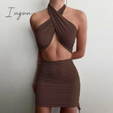 Ingvn - New Summer Sexy Women's Coffee Color Cross Hanging Neck Sleeveless Tight Mini Dress
