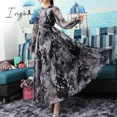 Ingvn - 2023 New Arrives Chiffon Long Sleeve Floral Print Dress Boho Plus Size Women Beach Party Garden Maxi Dress Elegant Vestidos Robe