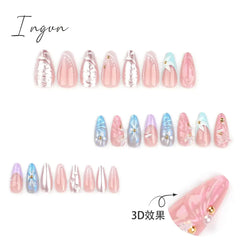 24pcs 3D Flower Fake Nail Patch French Almond Summer Sea Shell Decor False Nail Full Cover Wearable Press on Nails Tips for Girl