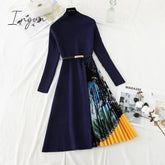 Ingvn - Autumn Winter Elegant Knitted Patchwork Gradient Pink Pleated Dress Women Long Sleeve Office One-Piece Sweater Dress With Belt