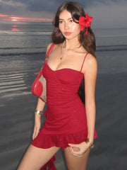Spaghetti Strap Ruffled Sexy Mini Dress For Women Red Fashion Sleeveless Backless High Waist A-line Club Party Dress
