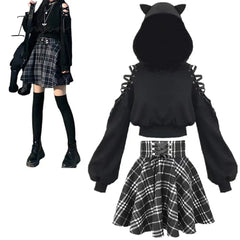 Ingvn - Gothic Lolita skirt female S-XL multi-size autumn and winter high waist lace-up short check wool skirt mini ballet skirt