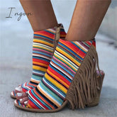 Ingvn - Peep Toe Chunky Heel Zipper Stripe Sandals