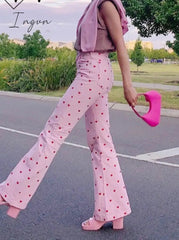 Ingvn - 2023 Fashion Trends Y2K Pink Pants Heart Printed Sweet Trousers Vintage Aesthetic Party Pants Pockets Joggers Festival Outfits Women New