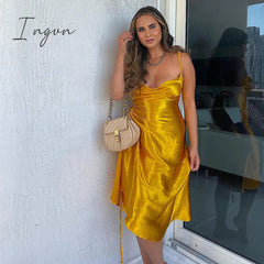 Ingvn - Satin Side Split Ruched Women's Dress Sleeveless Square Collar Party Dresses Solid Elegant Clubwear Evening Vestidos