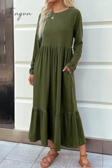 Ingvn - Casual Solid Patchwork Pocket O Neck A Line Dresses