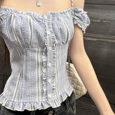 Sweet Blue Plaid Puff Sleeve Women Cropped Shirts Square Collar Korean Fashion Ruffle Blouses Slim Aesthetic Summer