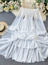 Ingvn - Womens Fashion New Spring Autumn Women Elegant Holiday Dresses Puff Sleeve Slash Neck Off Shoulder Smocked White Chiffon Dresses
