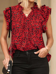 Ruffle Sleeve Notched Blouse