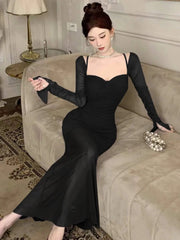 Sexy Spaghetti Straps Mermaid Dresses Elegant Long Sleeve Off Shoulder Pleated Bodycon Vestidos Vintage Party Dress Long Robe
