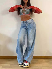 Ingvn Vintage Blue Jeans for Women Summer Fashion Egirl Streetwear y2k Wide Leg Pants Women's High Waisted Baggy Jeans