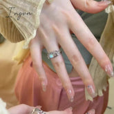 Korean Fashion Delicate Oval Opal Open Adjustable Rings For Women Girls Cute Pink Crystal Finger Ring Aesthetic Jewelry Gifts