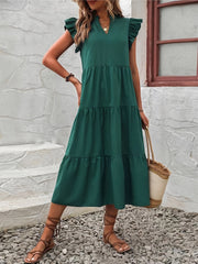 Elegant Ruffle Hem Dress - Flowy V Neck, Ruffled Sleeves, Loose Fit, Spring & Summer Essential, Women's Clothing for Elegant Dressing and Special Occasions