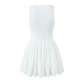 New Women Hollow Out Embroidery White Tank Dress Sleeveless V Neck Low Waist A-line Mini Dresses Summer Cotton Robe