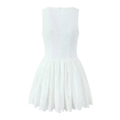 New Women Hollow Out Embroidery White Tank Dress Sleeveless V Neck Low Waist A-line Mini Dresses Summer Cotton Robe