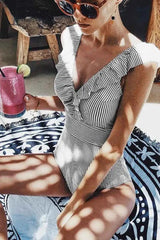 Ingvn - Ruffled Striped One-Piece Swimsuit ( 3 Colors)