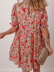 Floral Print Frilled Neck Puff Sleeve High Waist Dress
