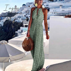 Ingvn - Summer Boho Floral Print Long Party Dress Women Elegant Halter Sleeveless Maxi Dress Spring Backless Hollow Out Dresses 2XL
